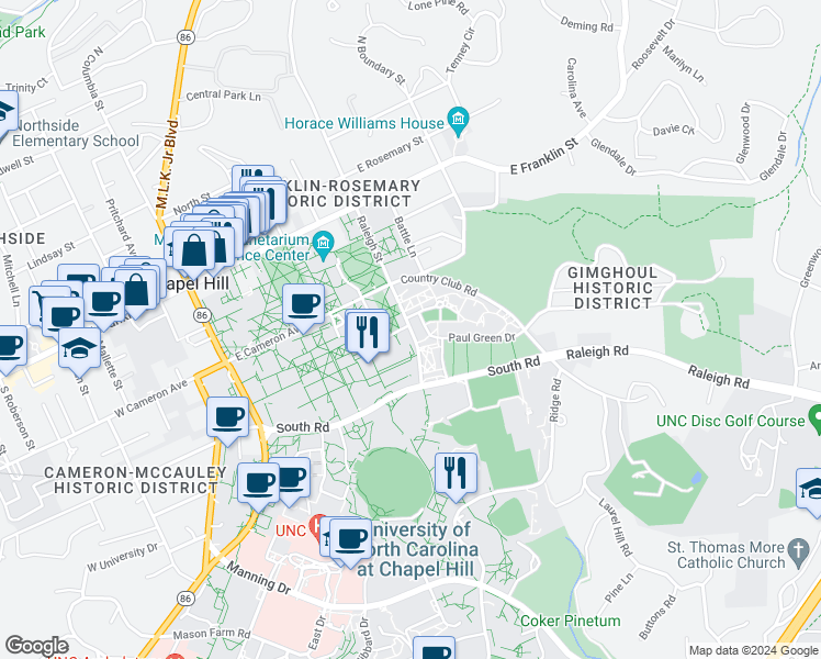 map of restaurants, bars, coffee shops, grocery stores, and more near 281 Raleigh Street in Chapel Hill