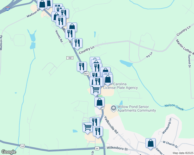 map of restaurants, bars, coffee shops, grocery stores, and more near 1101 Yadkinville Road in Mocksville
