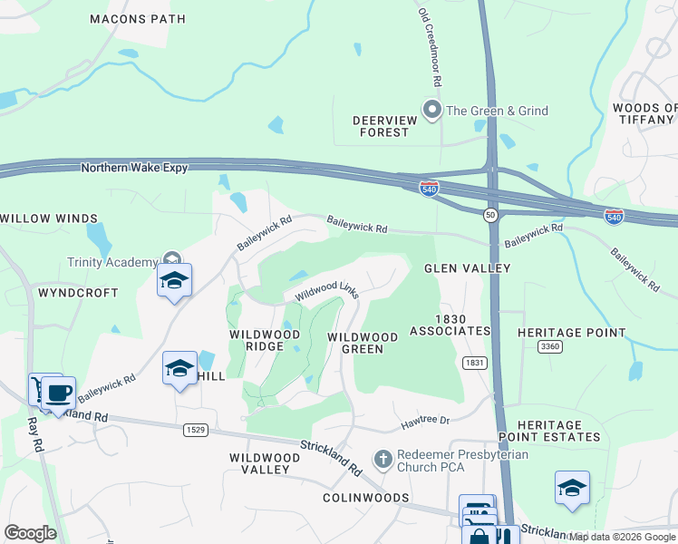 map of restaurants, bars, coffee shops, grocery stores, and more near 3000 Fownes Court in Raleigh