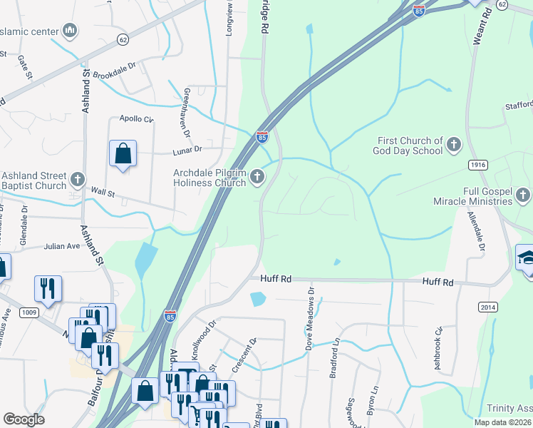 map of restaurants, bars, coffee shops, grocery stores, and more near 423 Aldridge Road in Archdale