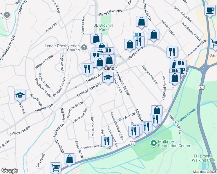 map of restaurants, bars, coffee shops, grocery stores, and more near 901 College Avenue Southwest in Lenoir