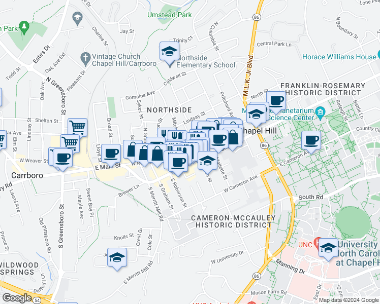 map of restaurants, bars, coffee shops, grocery stores, and more near 333 West Rosemary Street in Chapel Hill