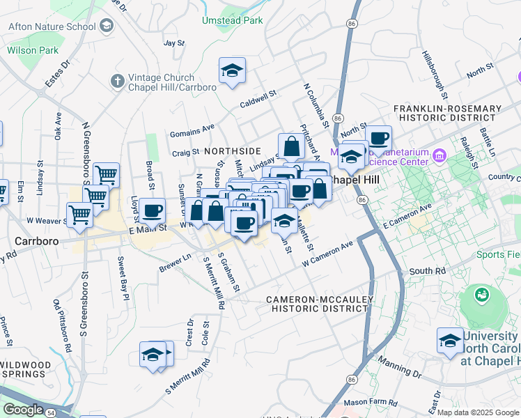 map of restaurants, bars, coffee shops, grocery stores, and more near 333 West Rosemary Street in Chapel Hill