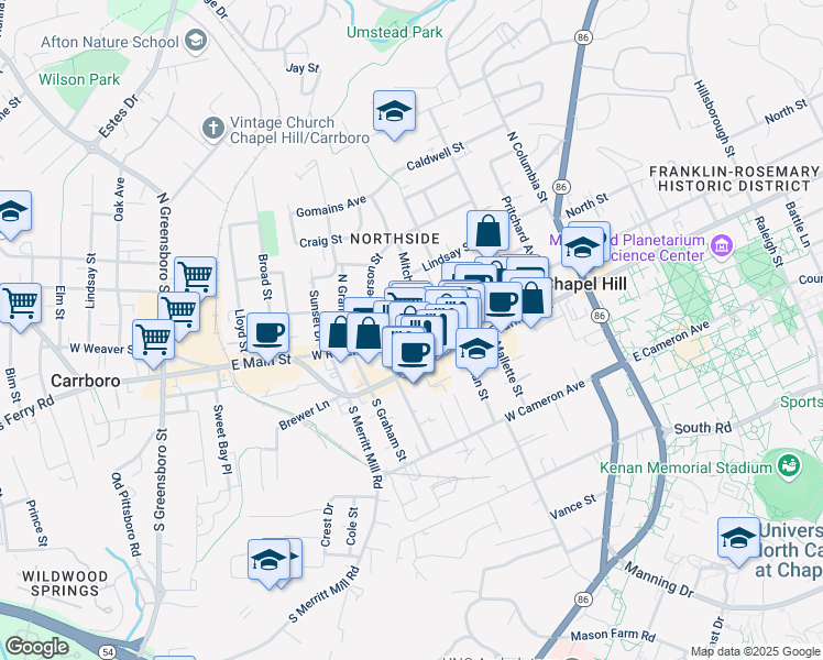 map of restaurants, bars, coffee shops, grocery stores, and more near in Chapel Hill