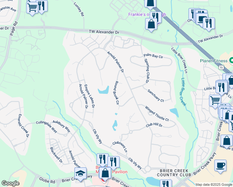 map of restaurants, bars, coffee shops, grocery stores, and more near 10816 Round Brook Circle in Raleigh