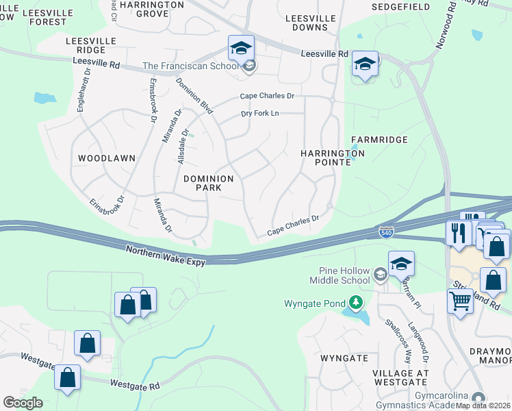 map of restaurants, bars, coffee shops, grocery stores, and more near 9404 Dominion Boulevard in Raleigh