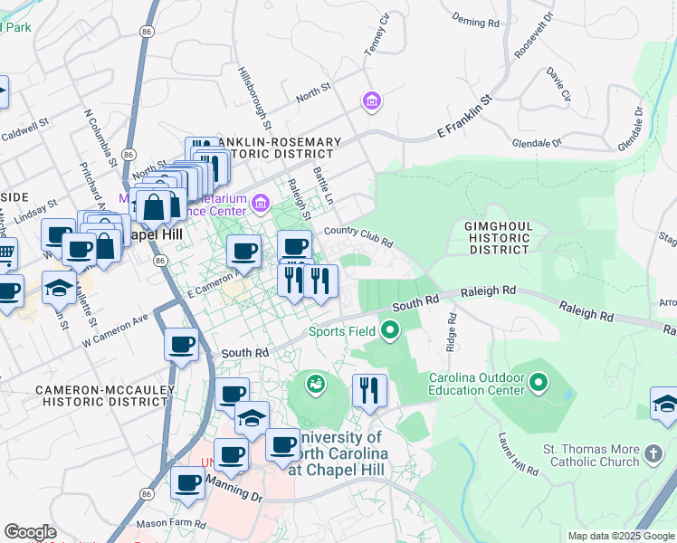 map of restaurants, bars, coffee shops, grocery stores, and more near 281 Raleigh Street in Chapel Hill