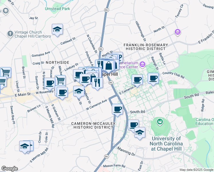 map of restaurants, bars, coffee shops, grocery stores, and more near 106 Fraternity Court in Chapel Hill