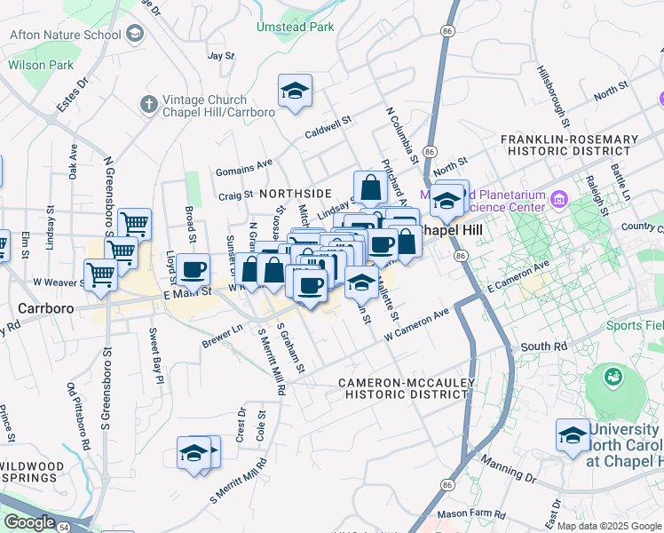 map of restaurants, bars, coffee shops, grocery stores, and more near in Chapel Hill