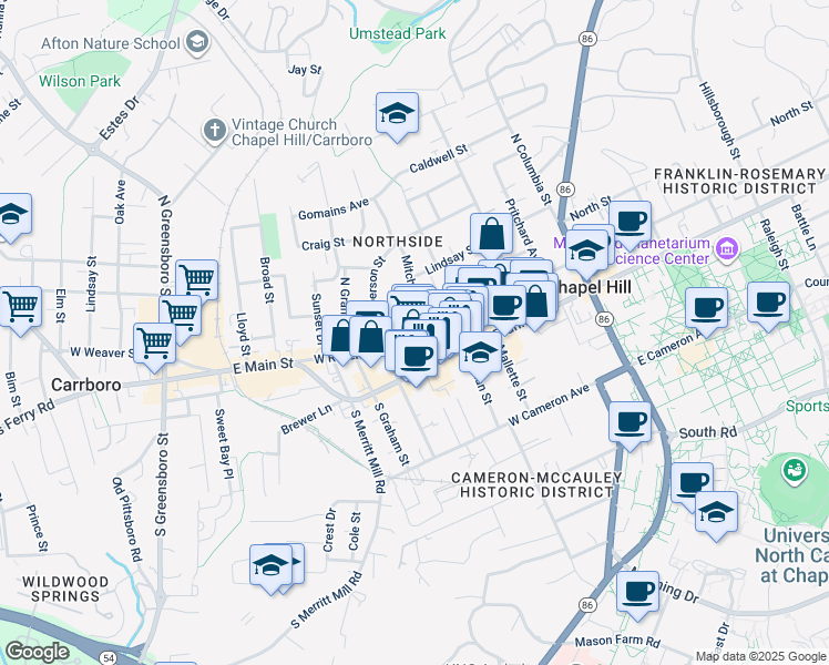 map of restaurants, bars, coffee shops, grocery stores, and more near in Chapel Hill