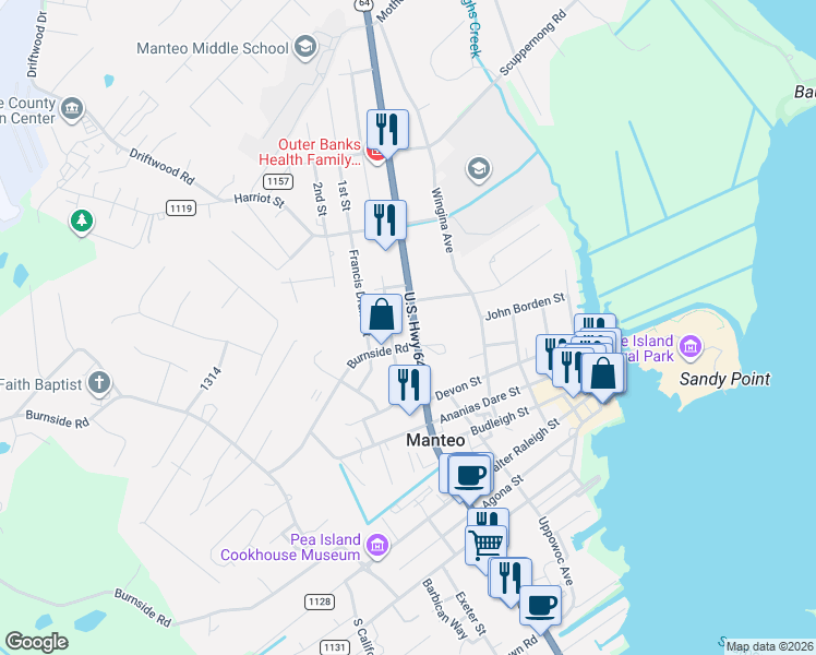 map of restaurants, bars, coffee shops, grocery stores, and more near U.S. 64 in Manteo