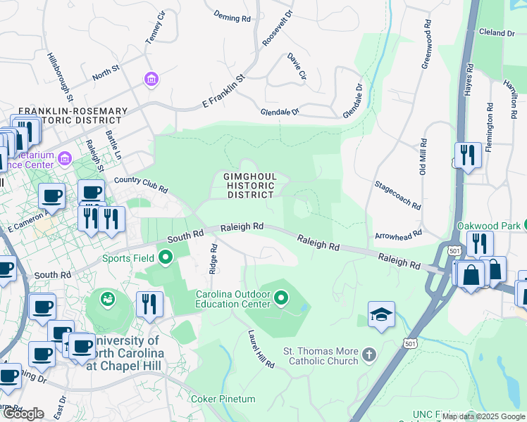 map of restaurants, bars, coffee shops, grocery stores, and more near 735 Raleigh Road in Chapel Hill