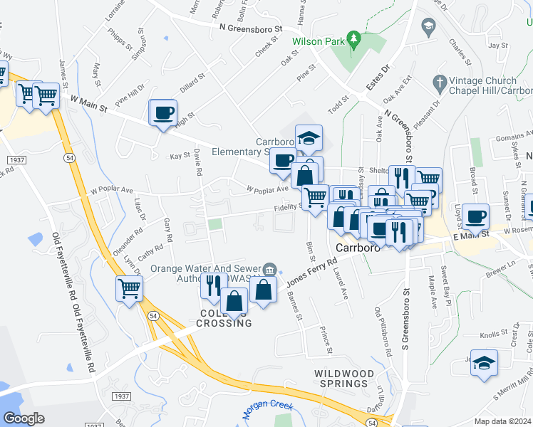 map of restaurants, bars, coffee shops, grocery stores, and more near 119 Fidelity Street in Carrboro