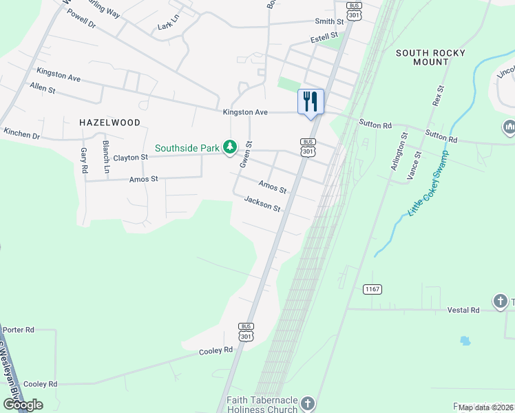 map of restaurants, bars, coffee shops, grocery stores, and more near 225 Jackson Street in Rocky Mount
