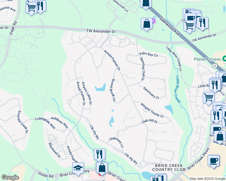 map of restaurants, bars, coffee shops, grocery stores, and more near 10816 Round Brook Circle in Raleigh