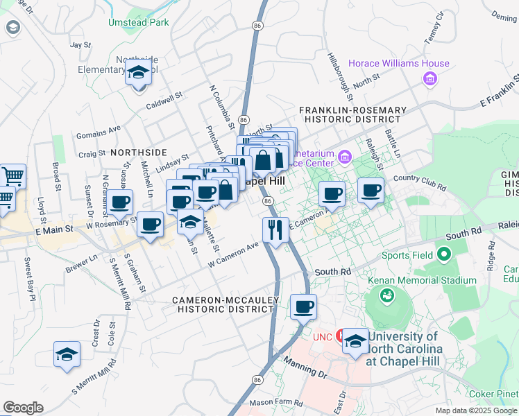 map of restaurants, bars, coffee shops, grocery stores, and more near 114 South Columbia Street in Chapel Hill