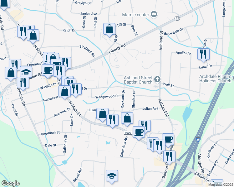 map of restaurants, bars, coffee shops, grocery stores, and more near 226 Wedgewood Street in Archdale
