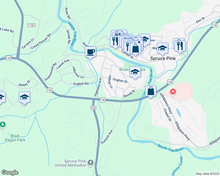 map of restaurants, bars, coffee shops, grocery stores, and more near 186 Hilltop Lane in Spruce Pine