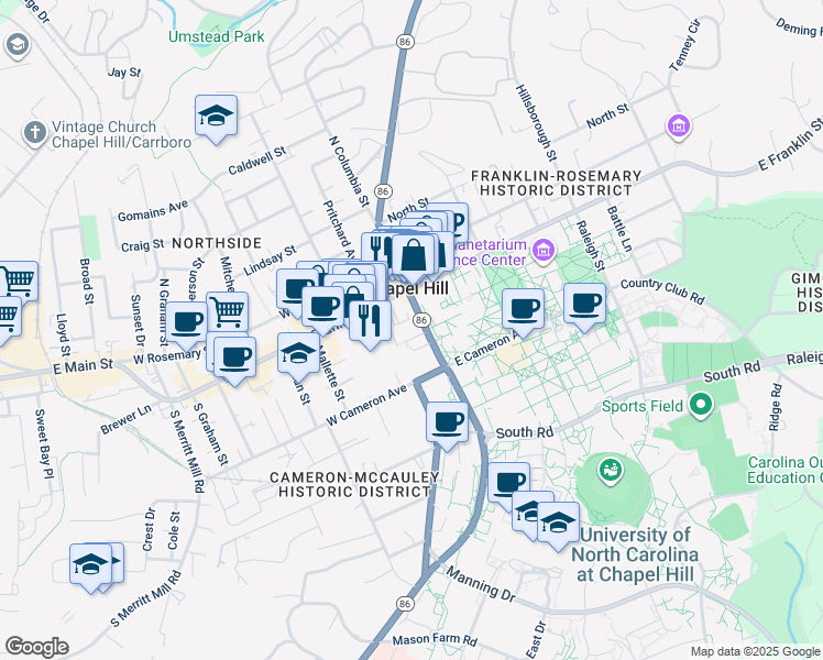 map of restaurants, bars, coffee shops, grocery stores, and more near 114 South Columbia Street in Chapel Hill