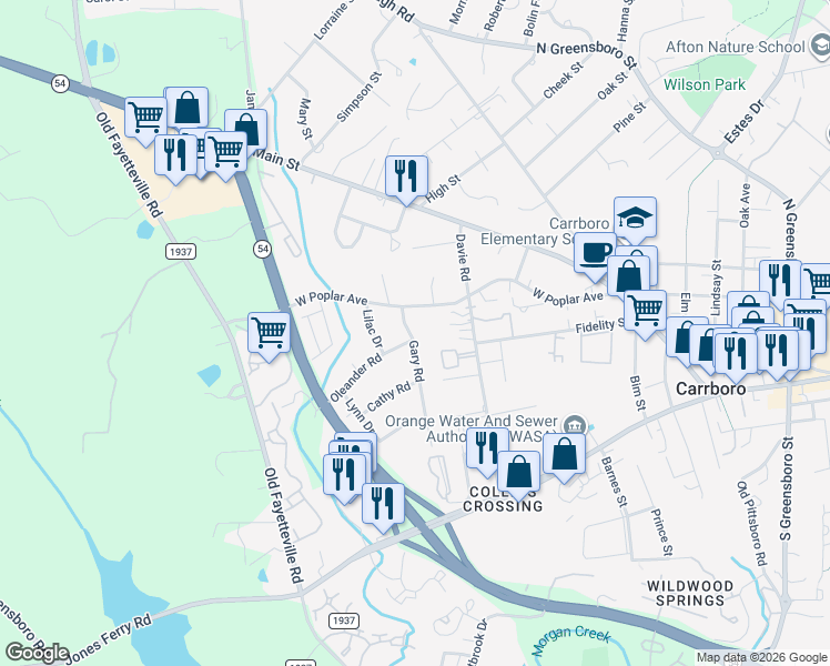 map of restaurants, bars, coffee shops, grocery stores, and more near 102 Oleander Road in Carrboro