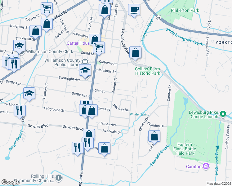 map of restaurants, bars, coffee shops, grocery stores, and more near 1405 Adams Street in Franklin