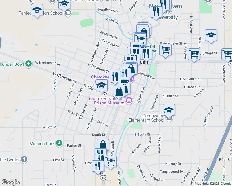 map of restaurants, bars, coffee shops, grocery stores, and more near 110 West Choctaw Street in Tahlequah
