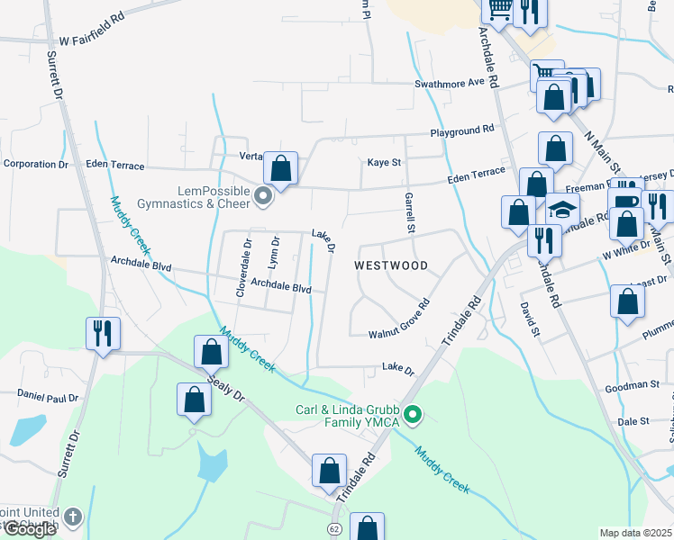 map of restaurants, bars, coffee shops, grocery stores, and more near 310 Lake Drive in Archdale