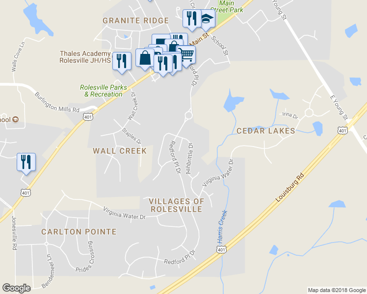 map of restaurants, bars, coffee shops, grocery stores, and more near 307 Scarcliffe Court in Rolesville