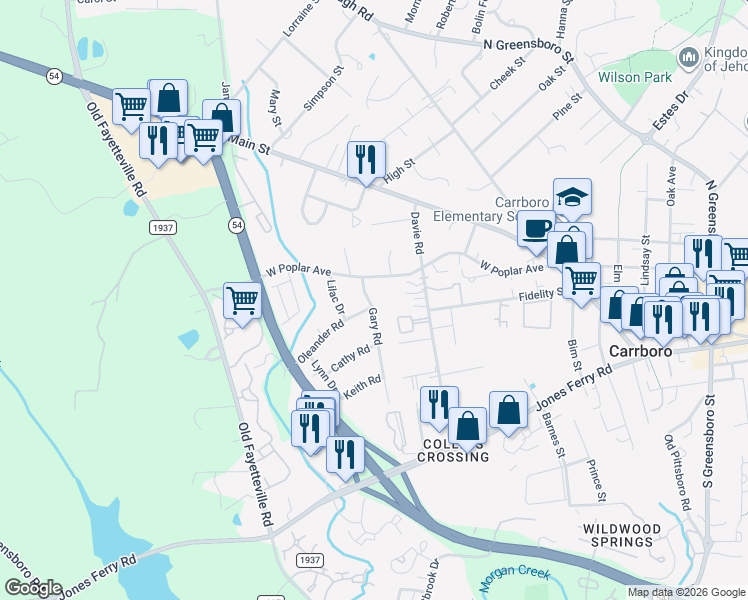 map of restaurants, bars, coffee shops, grocery stores, and more near 102 Oleander Road in Carrboro