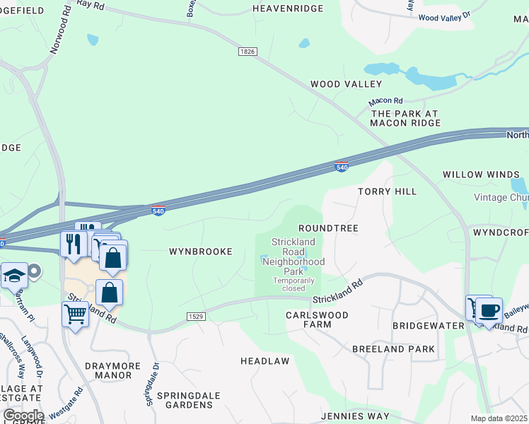 map of restaurants, bars, coffee shops, grocery stores, and more near 12834 Edsel Drive in Raleigh