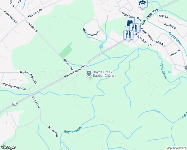 map of restaurants, bars, coffee shops, grocery stores, and more near Boyds Creek Church Road in Sevier County