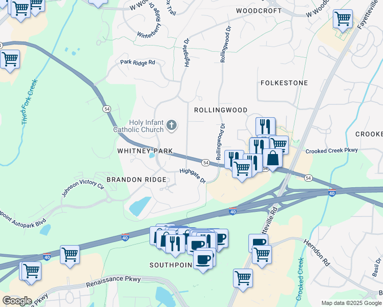 map of restaurants, bars, coffee shops, grocery stores, and more near 5015 Southpark Drive in Durham