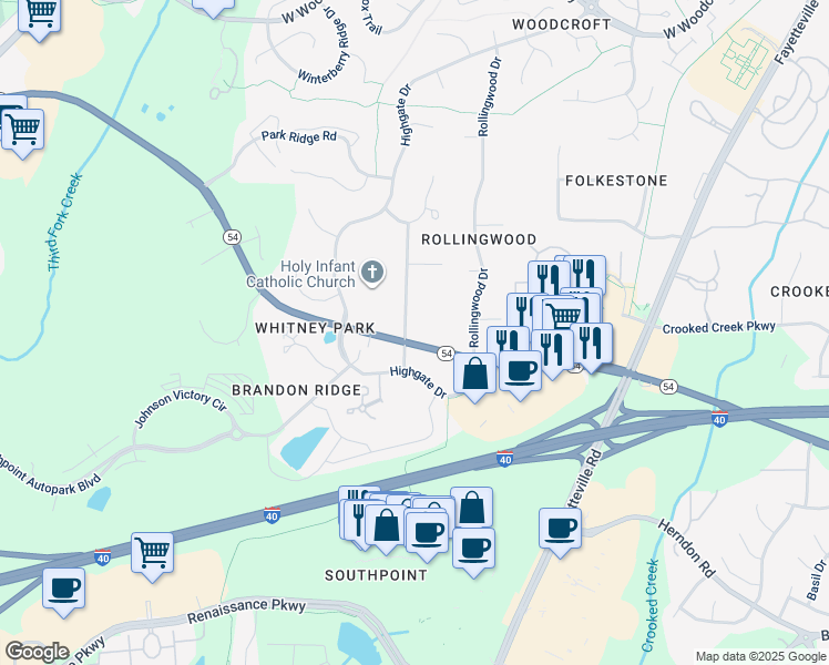 map of restaurants, bars, coffee shops, grocery stores, and more near 5015 Southpark Drive in Durham