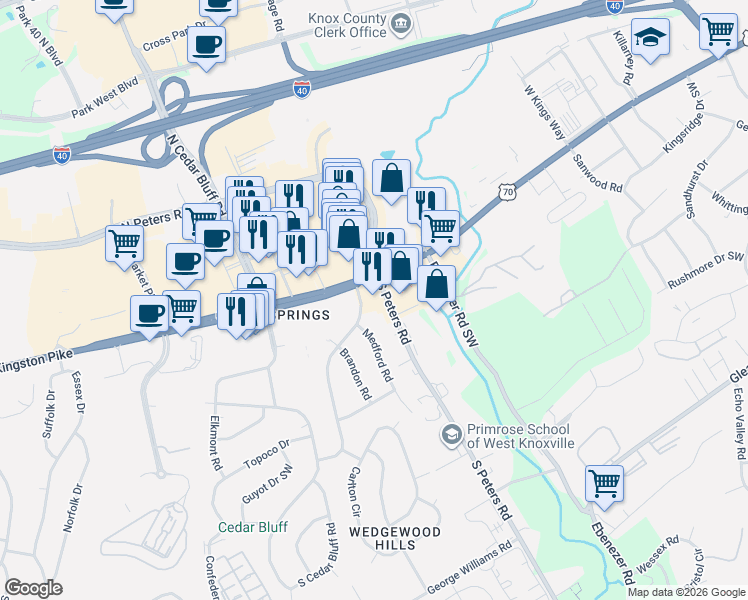 map of restaurants, bars, coffee shops, grocery stores, and more near 9000 Kingston Pike in Knoxville
