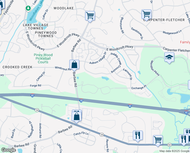 map of restaurants, bars, coffee shops, grocery stores, and more near 1130 Pebble Creek Crossing in Durham