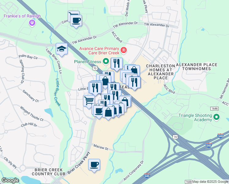 map of restaurants, bars, coffee shops, grocery stores, and more near 8051 Brier Creek Parkway in Raleigh