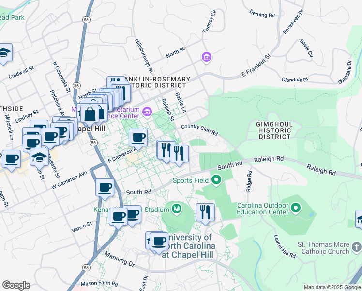 map of restaurants, bars, coffee shops, grocery stores, and more near 281 Raleigh Street in Chapel Hill