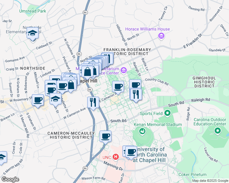 map of restaurants, bars, coffee shops, grocery stores, and more near 226-234 East Cameron Avenue in Chapel Hill