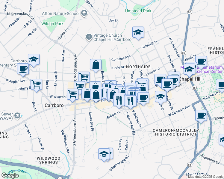 map of restaurants, bars, coffee shops, grocery stores, and more near 205 Sunset Drive in Chapel Hill
