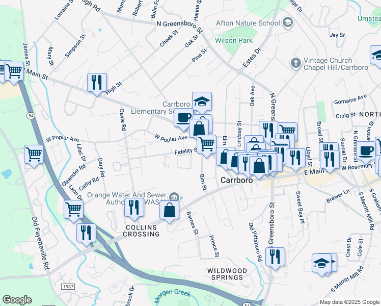 map of restaurants, bars, coffee shops, grocery stores, and more near 108 Bim Street in Carrboro