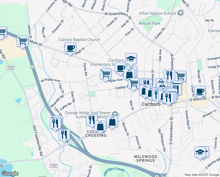 map of restaurants, bars, coffee shops, grocery stores, and more near in Carrboro