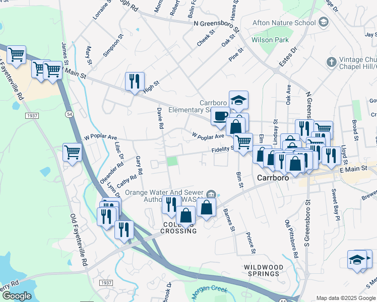 map of restaurants, bars, coffee shops, grocery stores, and more near 124 Fidelity Street in Carrboro