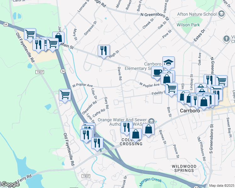 map of restaurants, bars, coffee shops, grocery stores, and more near in Carrboro