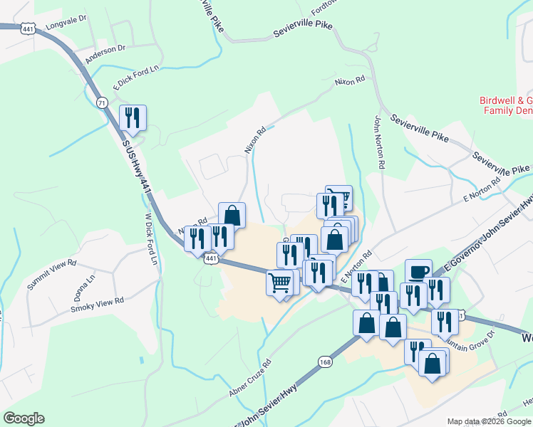 map of restaurants, bars, coffee shops, grocery stores, and more near 135 Green Road in Knoxville