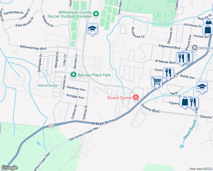 map of restaurants, bars, coffee shops, grocery stores, and more near 1100 Downs Boulevard in Franklin