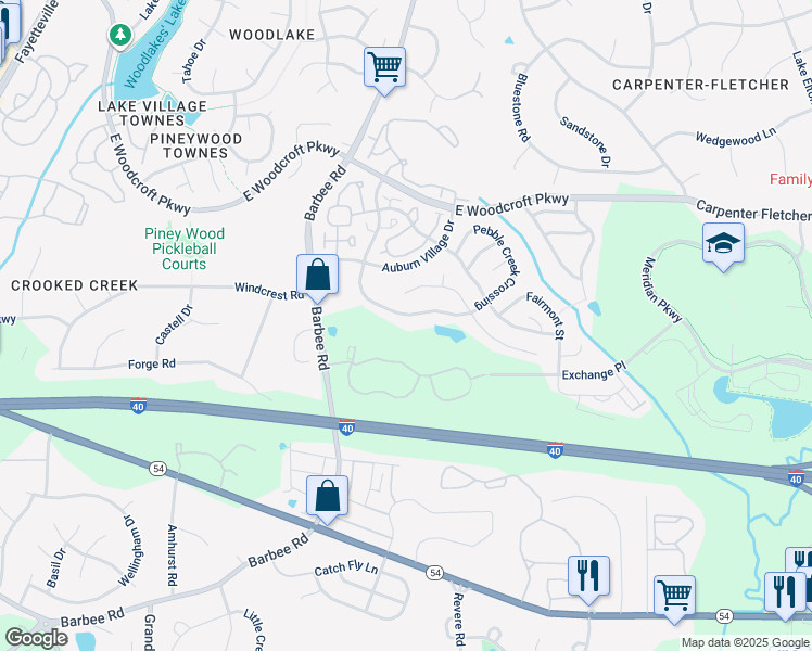 map of restaurants, bars, coffee shops, grocery stores, and more near 1130 Pebble Creek Crossing in Durham