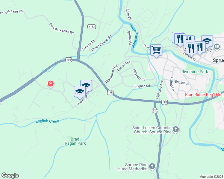 map of restaurants, bars, coffee shops, grocery stores, and more near 107 Bell Street in Spruce Pine
