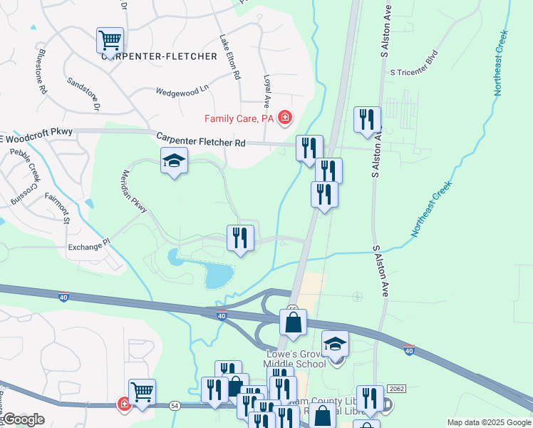 map of restaurants, bars, coffee shops, grocery stores, and more near 2510 Meridian Parkway in Durham