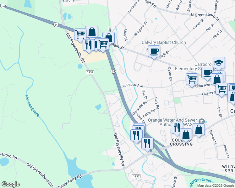 map of restaurants, bars, coffee shops, grocery stores, and more near 200 North Carolina 54 in Carrboro