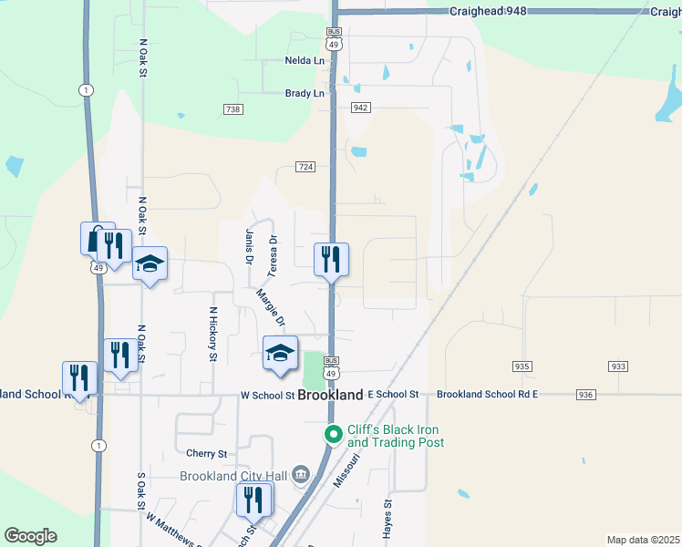 map of restaurants, bars, coffee shops, grocery stores, and more near 8604 Highway 49b North in Brookland